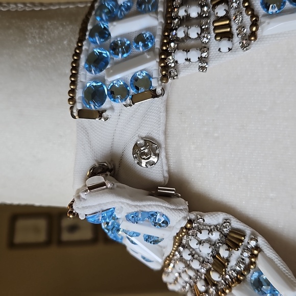 Size 6 white Sherri Hill gown with blue and bronze color tone beadwork - Picture 8 of 15